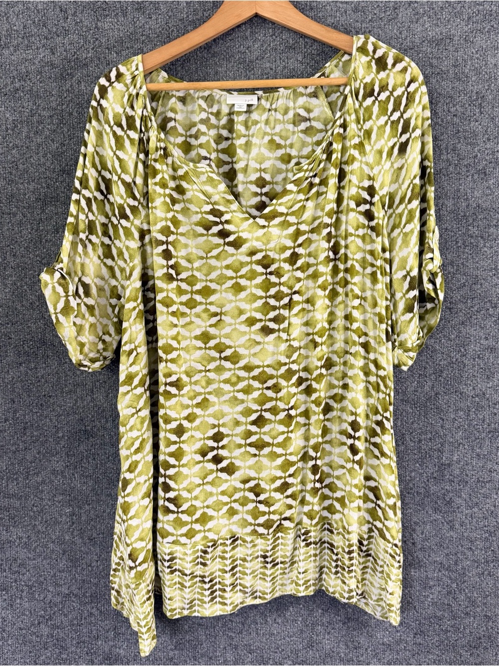 J Jill Womens 3X Tunic Blouse Olive Green Geometric Ikat Roll Tab Split V Neck